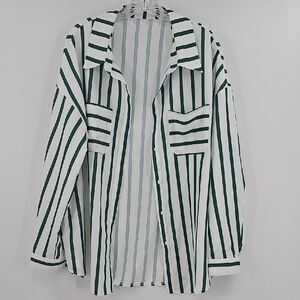 Shein Striped Green & White Women's Button-Down Shirt Size 2XL
